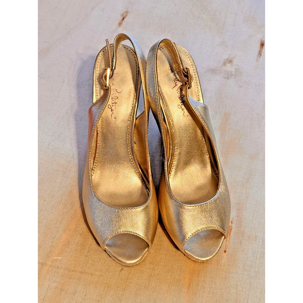 Lilly Pulitzer Kristin Wedge 8.5 Sandals Gold Metallic Leather Slingback OpenToe - Picture 8 of 15